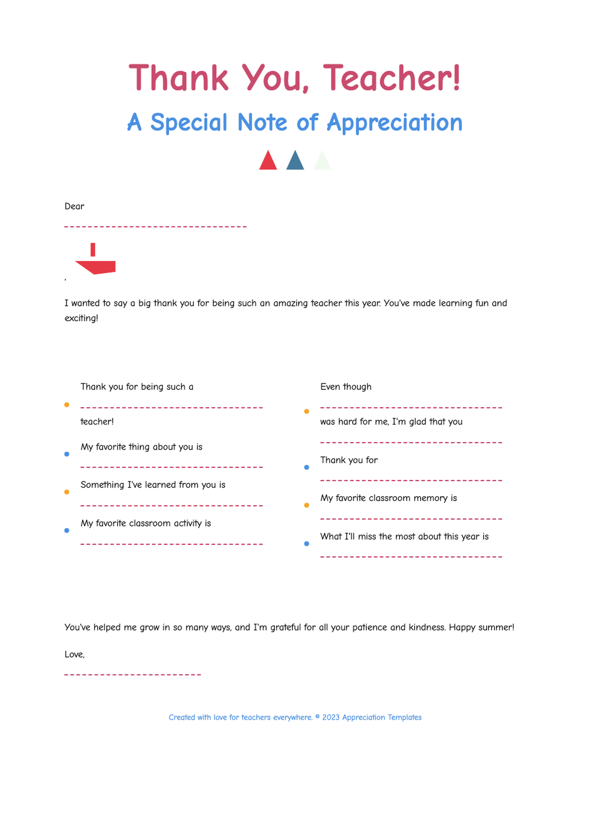 Printable thank you letter template for teachers with fill in blanks and colorful decorations_variant_3